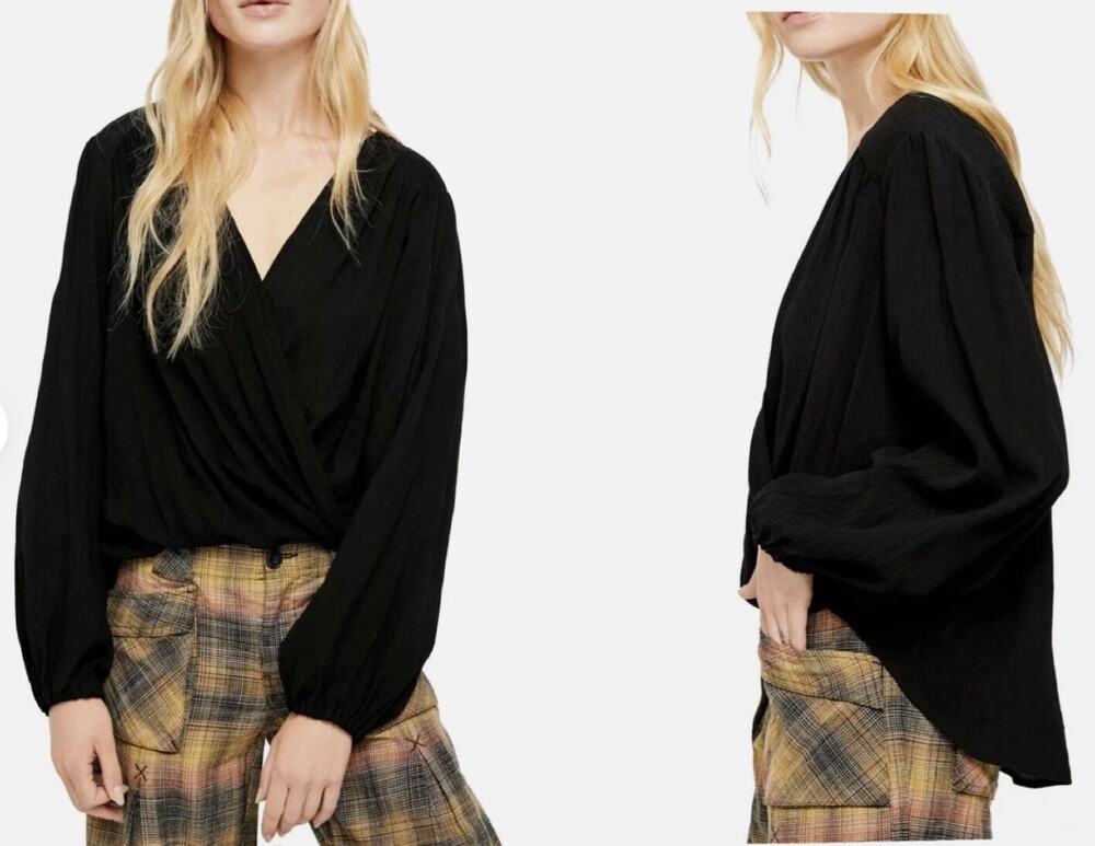 Free People Womens M Black Check On It Draped Wrap Long Sleeve Relaxed Blouse